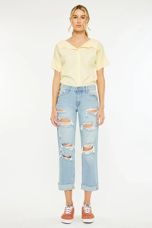 Kancan Mid Rise Distressed Boyfriend Jeans - DAVERRI FASHIONS