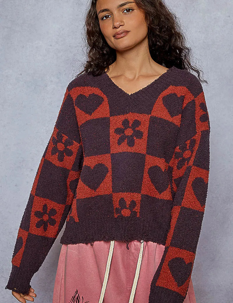 POL V-Neck Heart Pattern Checkered Sweater | Sweaters Daverri Fashions