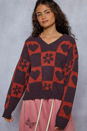 POL V-Neck Heart Pattern Checkered Sweater | Sweaters Daverri Fashions