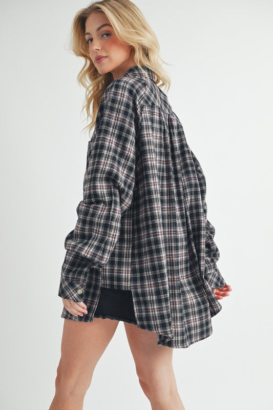 Aemi + Co Plaid Button Up Flannel Shirt with Chest Pocket