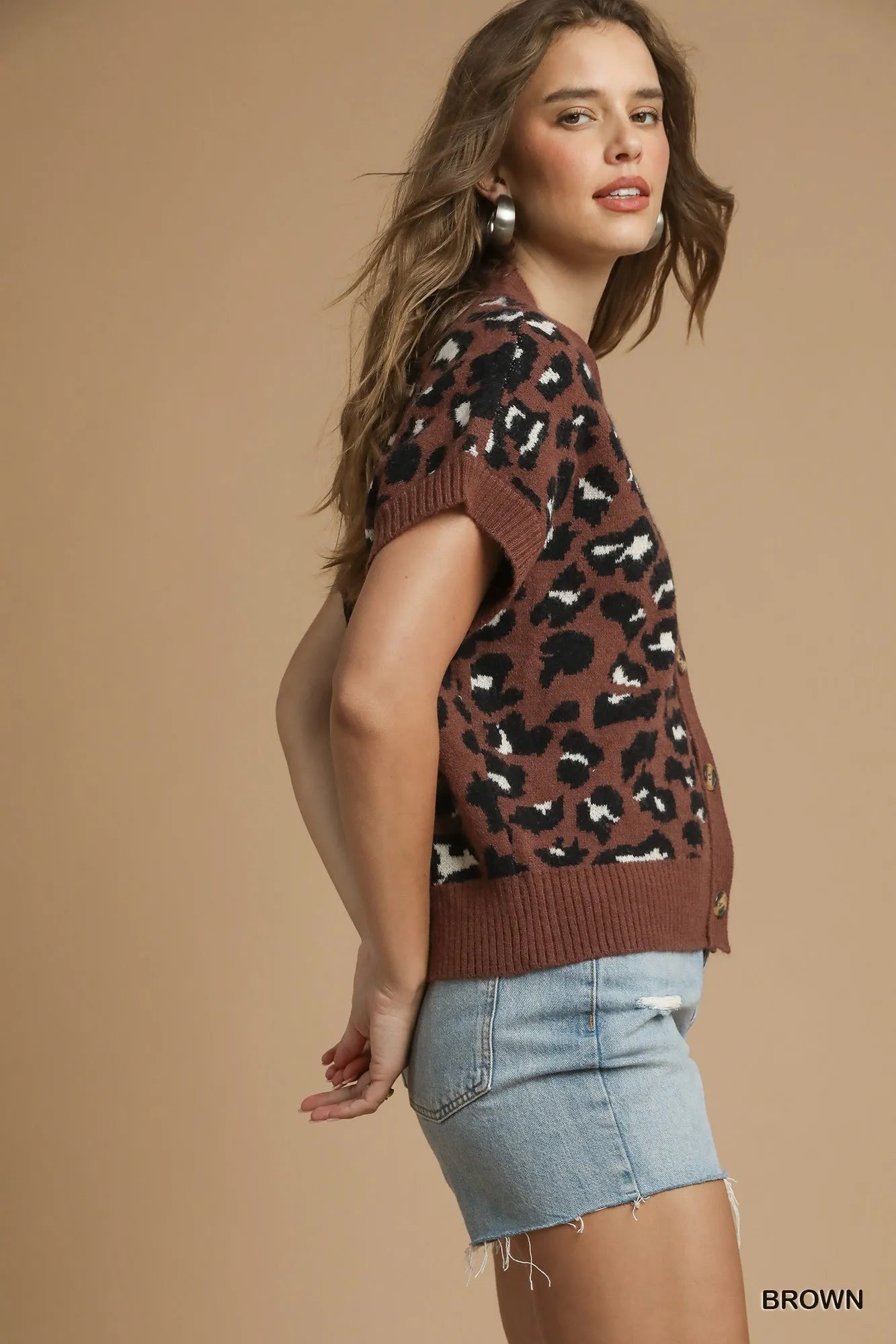 Umgee Leopard Button Down Short Sleeve Cardigan | Cardigans Daverri Fashions