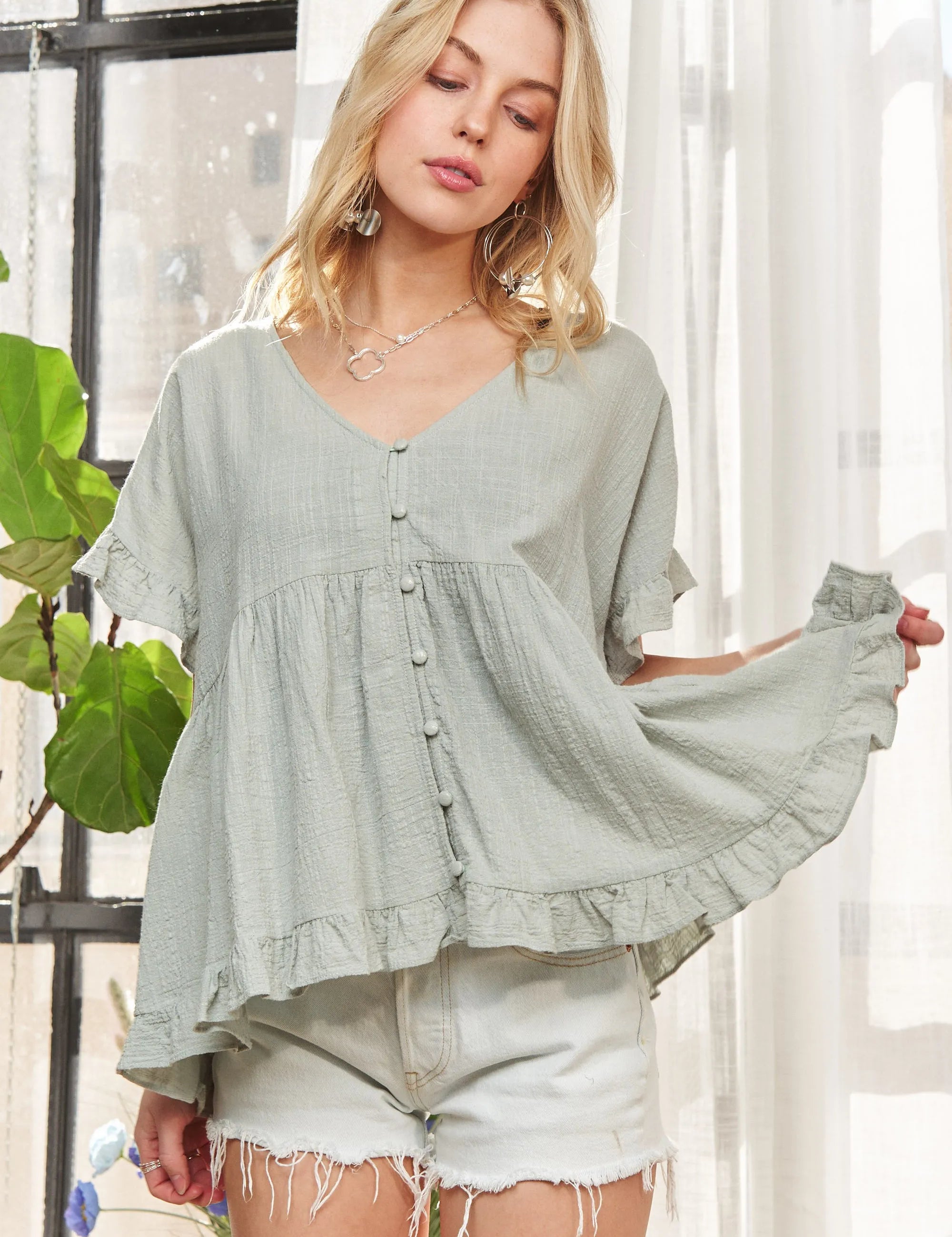 ADORA Button Down Ruffled Babydoll Blouse | Daverri Fashions
