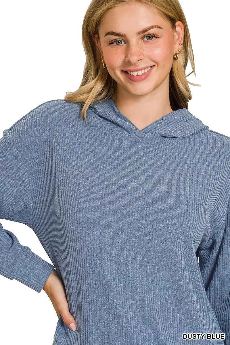 Ribbed Long Sleeve Hoodie Dusty Blue | Hoodies Daverri Fashions