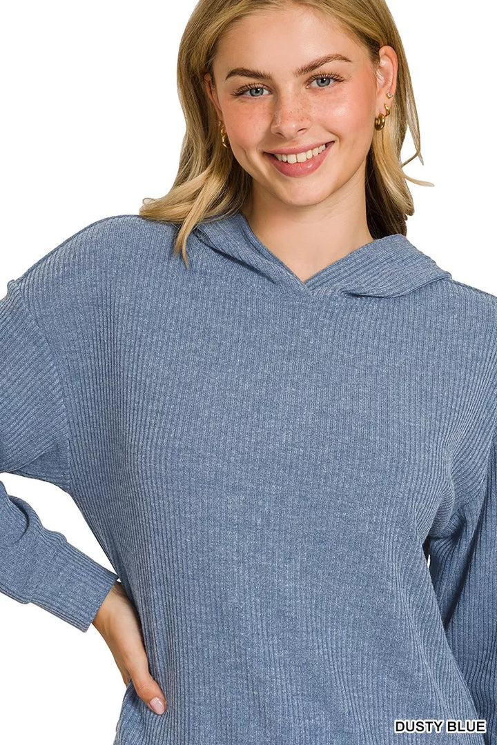 Ribbed Long Sleeve Hoodie Dusty Blue | Hoodies Daverri Fashions