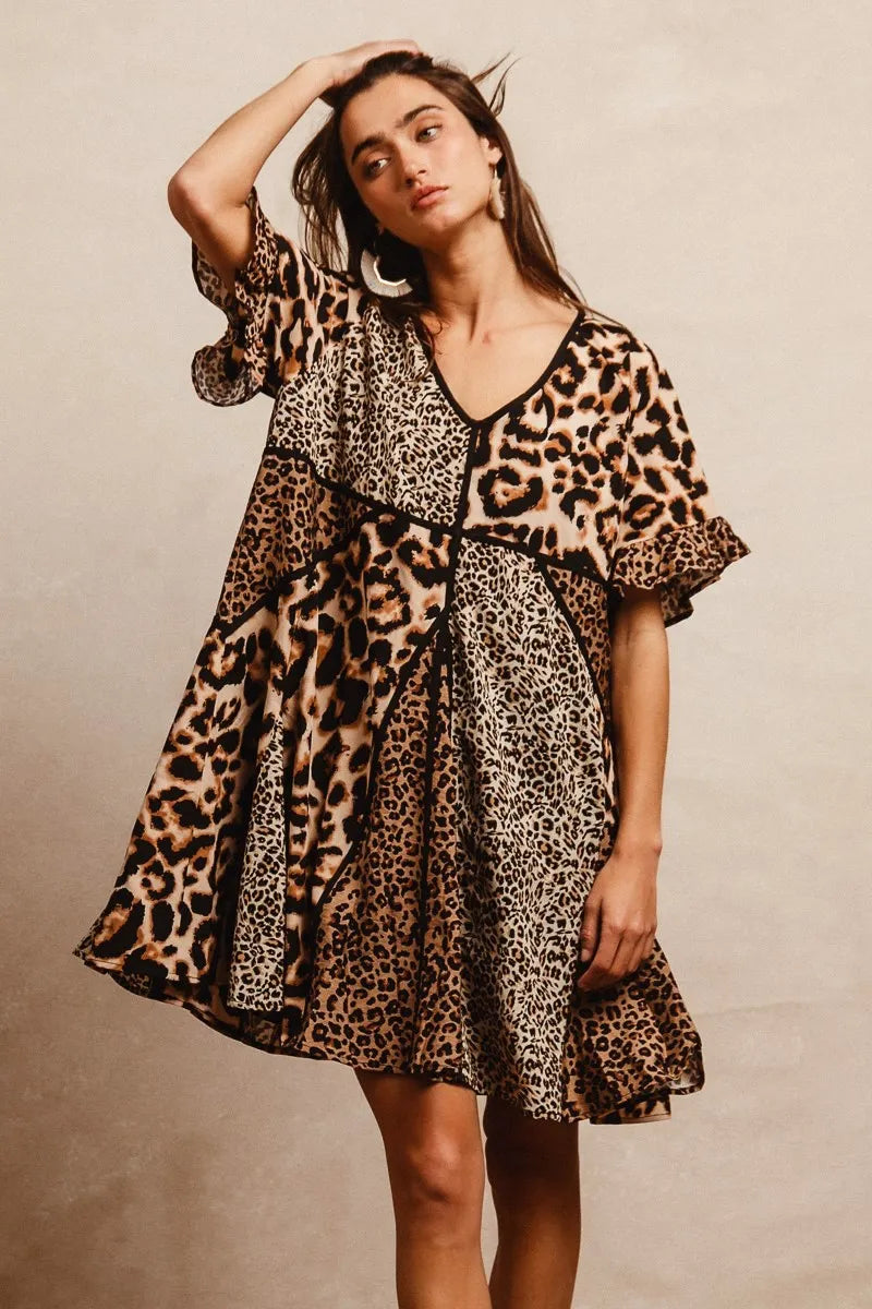 BiBi Leopard Prints Mix and Match Short Sleeves Dress Mini Dresses