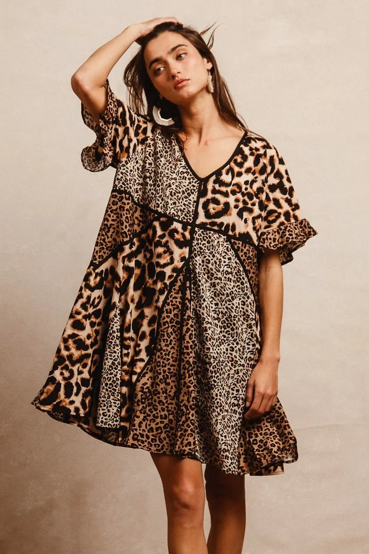BiBi Leopard Prints Mix and Match Short Sleeves Dress Mini Dresses