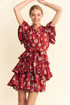Davi & Dani Ruffle Flutter Sleeve Tie Belt Tiered Mini Dress - DAVERRI FASHIONS