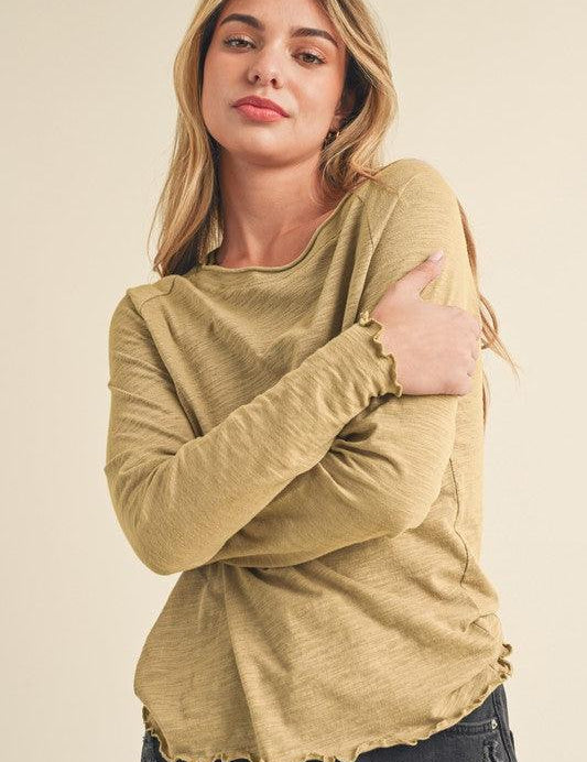 Aemi + Co Lettuce Hemline Round Neck Raglan Sleeve T-Shirt | T-Shirts Daverri Fashions
