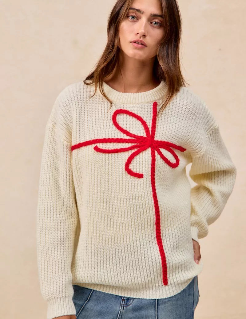 BiBi Christmas Ribbon Bow Embroidery Sweater | Sweaters Daverri Fashions