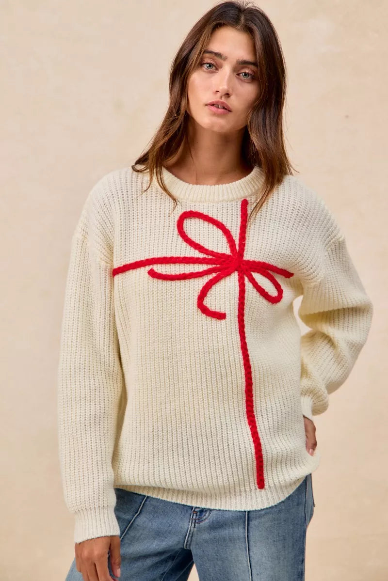 BiBi Christmas Ribbon Bow Embroidery Sweater | Sweaters Daverri Fashions
