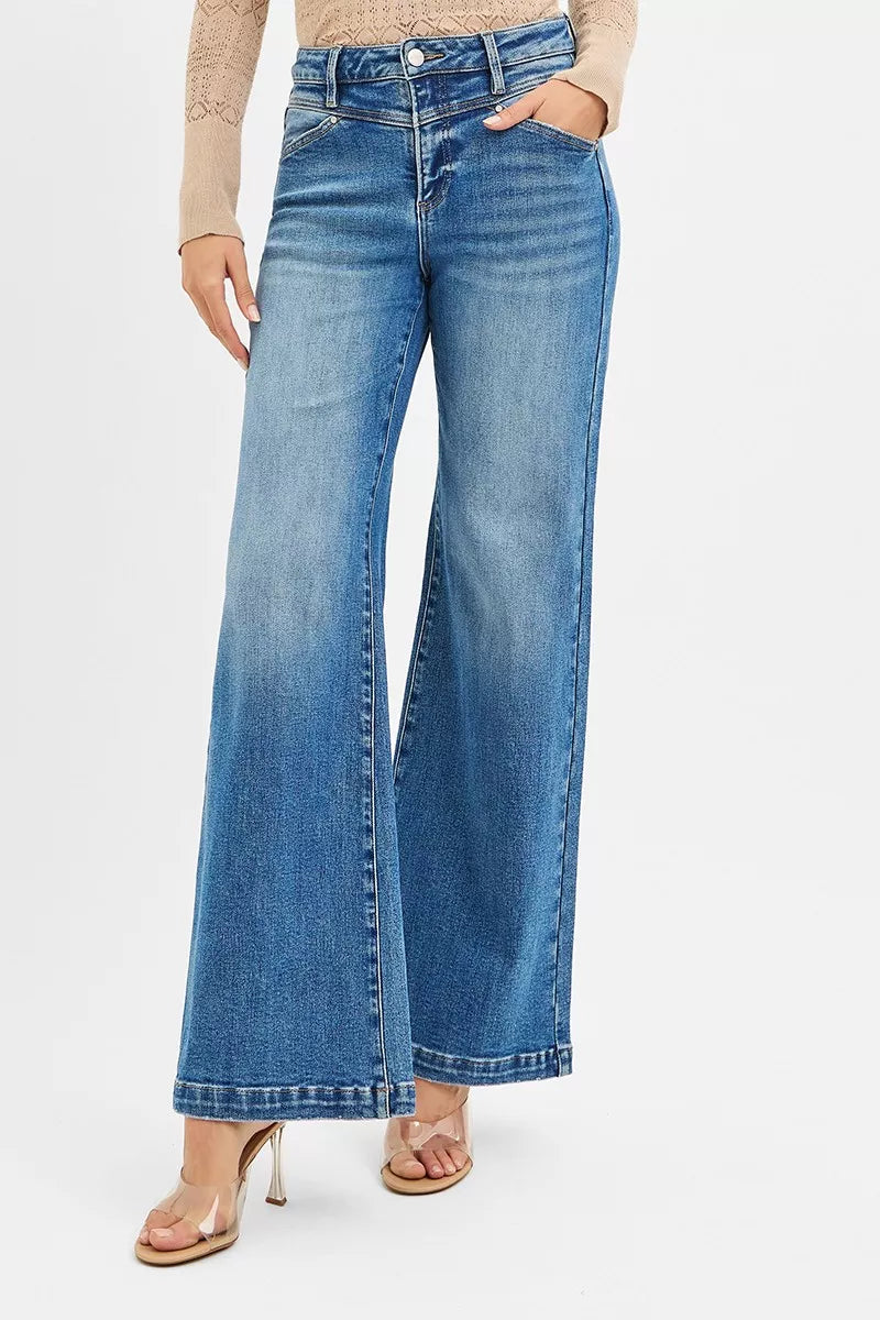 RISEN High Rise Wide Leg Jenas with Front Yoke and Heart Back Pocket | Jeans Daverri Fashions