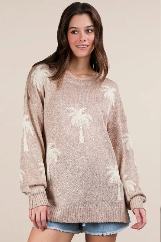 VERY J Palm Tree Graphic Oversized Knit Sweater Mocha Sweaters