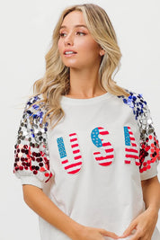 BiBi American Flag Theme Sequin Top | Tops Daverri Fashions