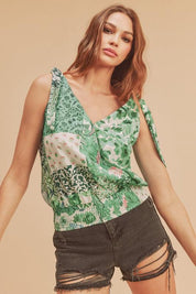 Green Aemi + Co Smocked Hem Printed Surplice Tank | Daverri Fashions