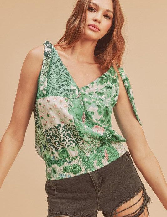 Green Aemi + Co Smocked Hem Printed Surplice Tank | Daverri Fashions