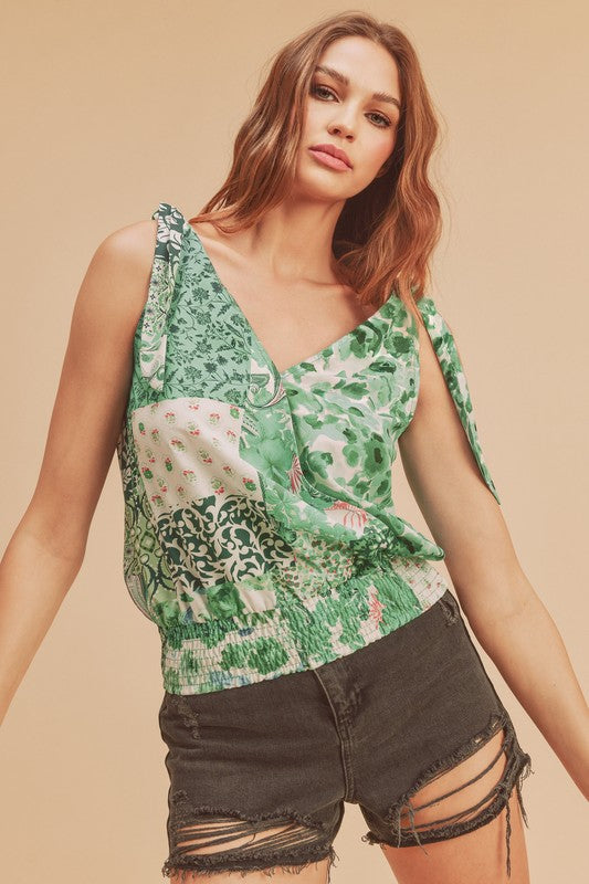 Aemi + Co Smocked Hem Printed Surplice Tank Green