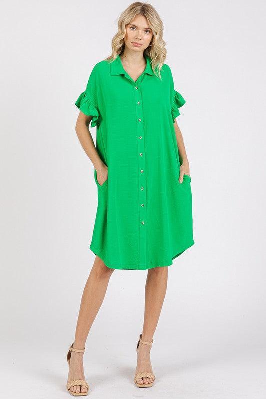 Mittoshop Button Down Flounce Sleeve Dress with Pockets - DAVERRI FASHIONS