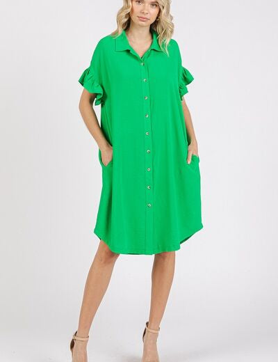 Mittoshop Button Down Flounce Sleeve Dress with Pockets