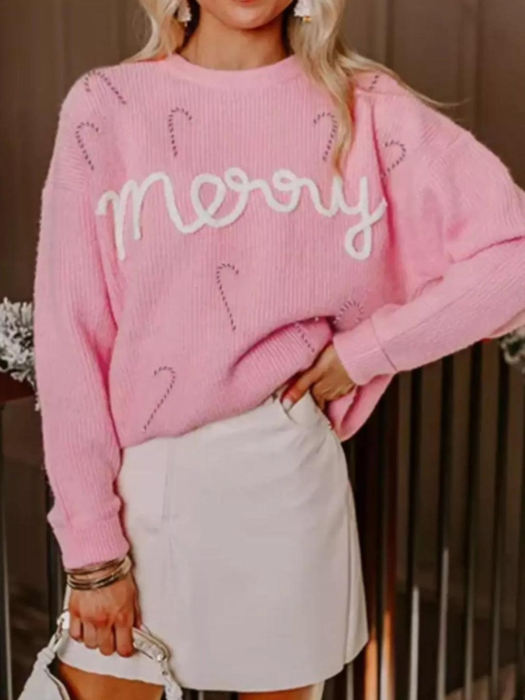 Blush Pink Merry Candy Cane Christmas Crew Neck Sweater | Sweaters Daverri Fashions