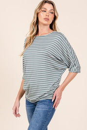 BOMBOM Striped Boat Neck Dolman Sleeve Top Tops