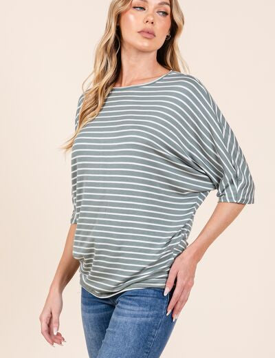 BOMBOM Striped Boat Neck Dolman Sleeve Top Tops