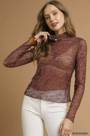 BURGUNDY Umgee Nylon Lace Mesh Long Sleeve Top | Tops Daverri Fashions