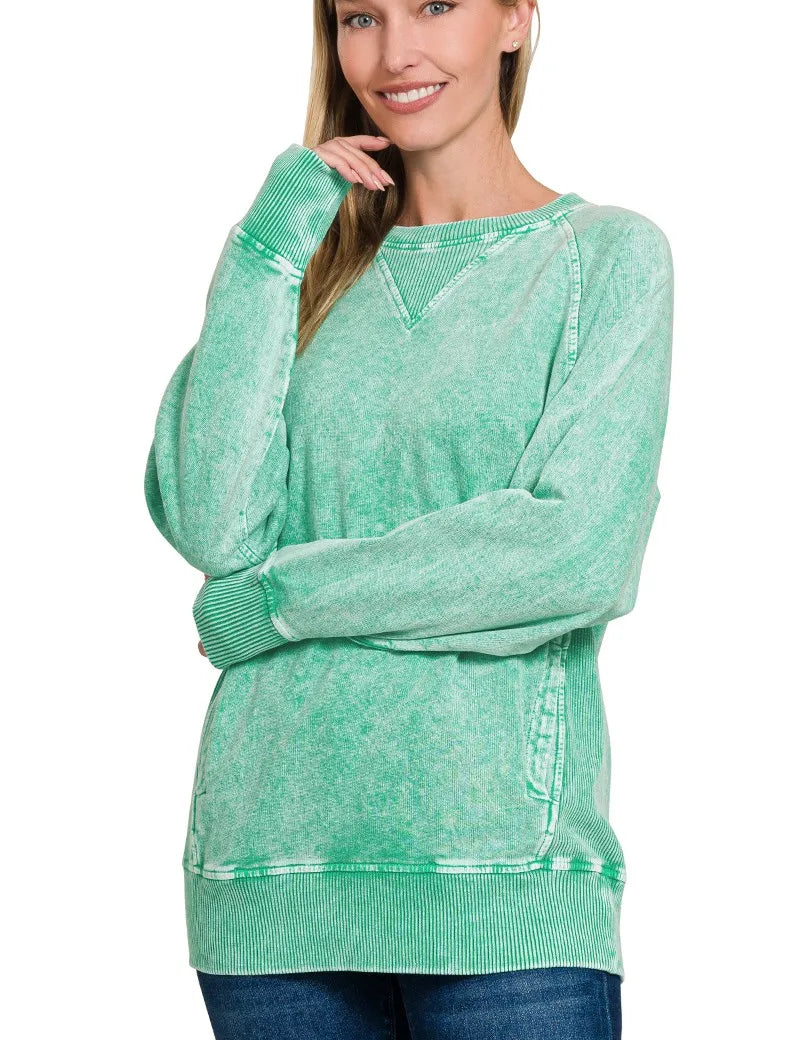 Zenana Halo Snow Washed French Terry Round Neck Sweatshirt K Green | Sweatshirts Daverri Fashions
