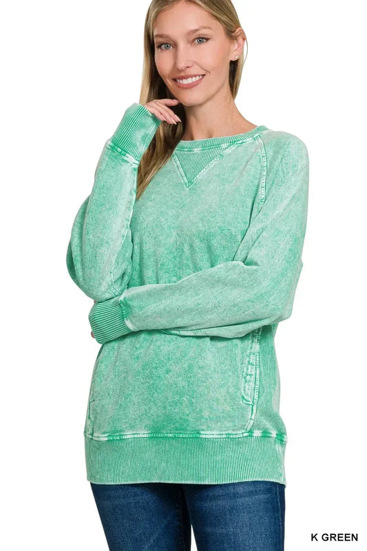 Zenana Halo Snow Washed French Terry Round Neck Sweatshirt K Green - DAVERRI FASHIONS