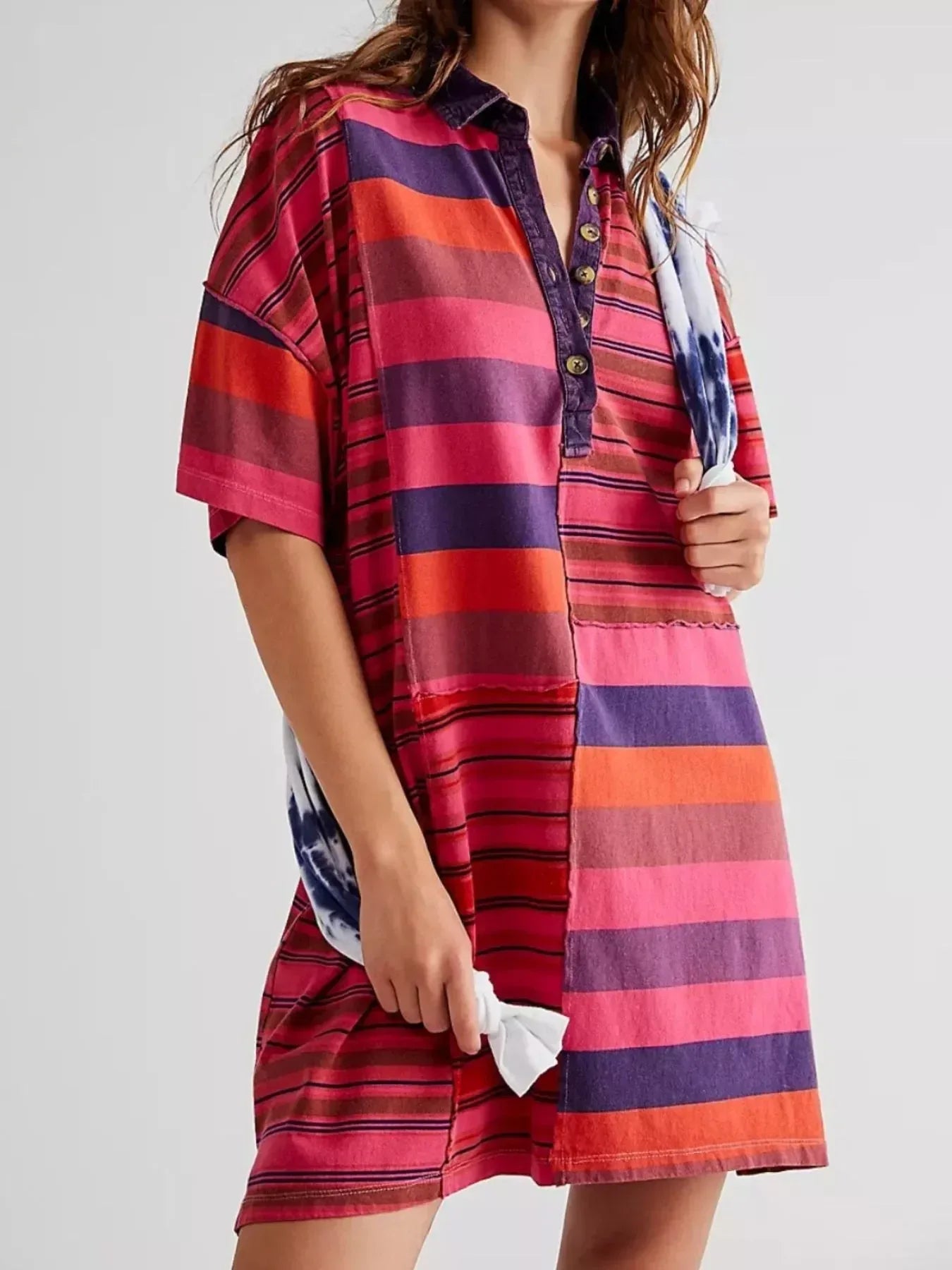 Striped Oversized Half Button Shirt Dress - DAVERRI FASHIONS