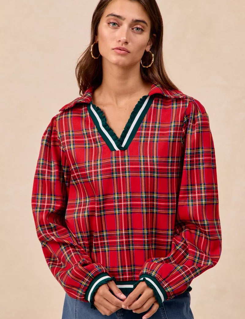 Red plaid flannel hooded shirt with teal white trim ruffles BiBi Christmas top