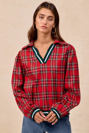 Red plaid flannel hooded shirt with teal white trim ruffles BiBi Christmas top