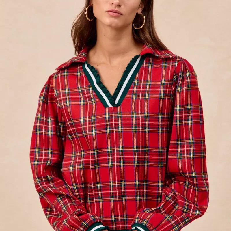 Red plaid flannel hooded shirt with teal white trim ruffles BiBi Christmas top
