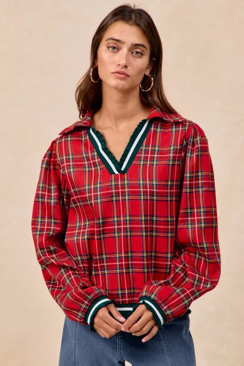 BiBi Christmas Plaid Collared Top with Ruffled Detail - DAVERRI FASHIONS
