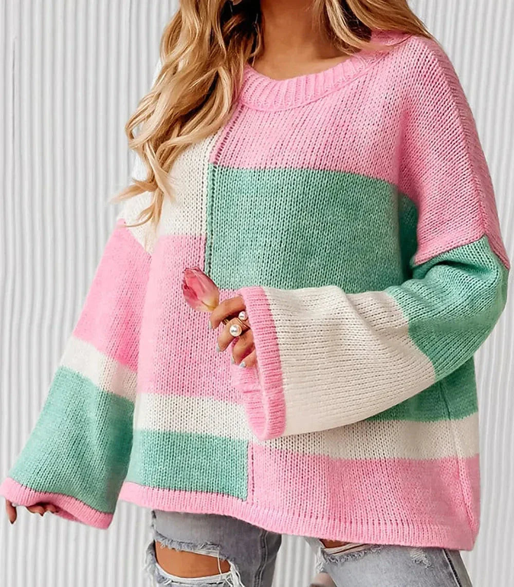 Daverri Fashions pastel striped sweater with bell sleeves and ribbed cuffs