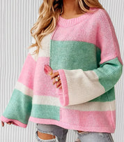 Daverri Fashions pastel striped sweater with bell sleeves and ribbed cuffs
