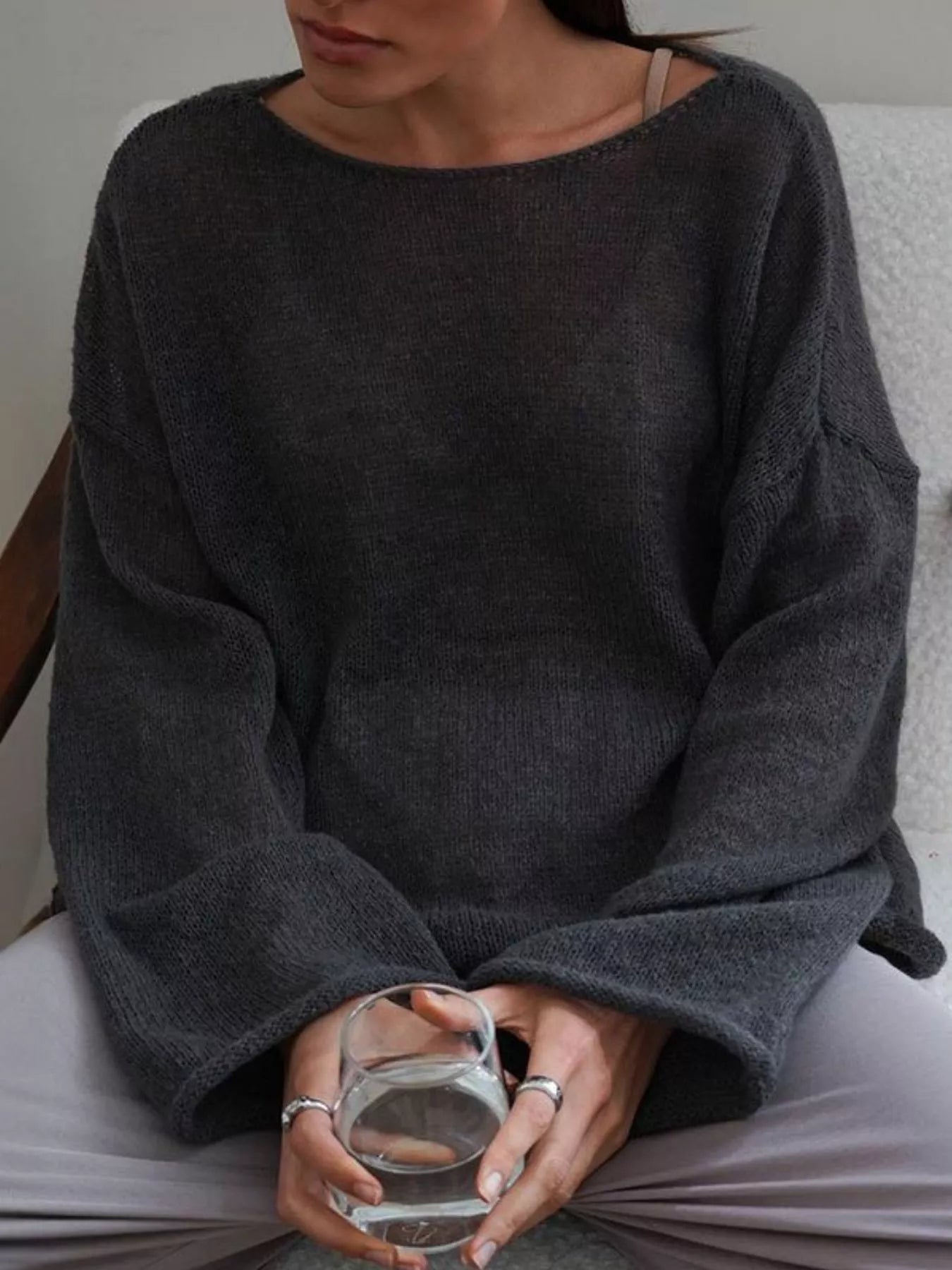 Boat neck dropped shoulder soft dark gray knitted sweater