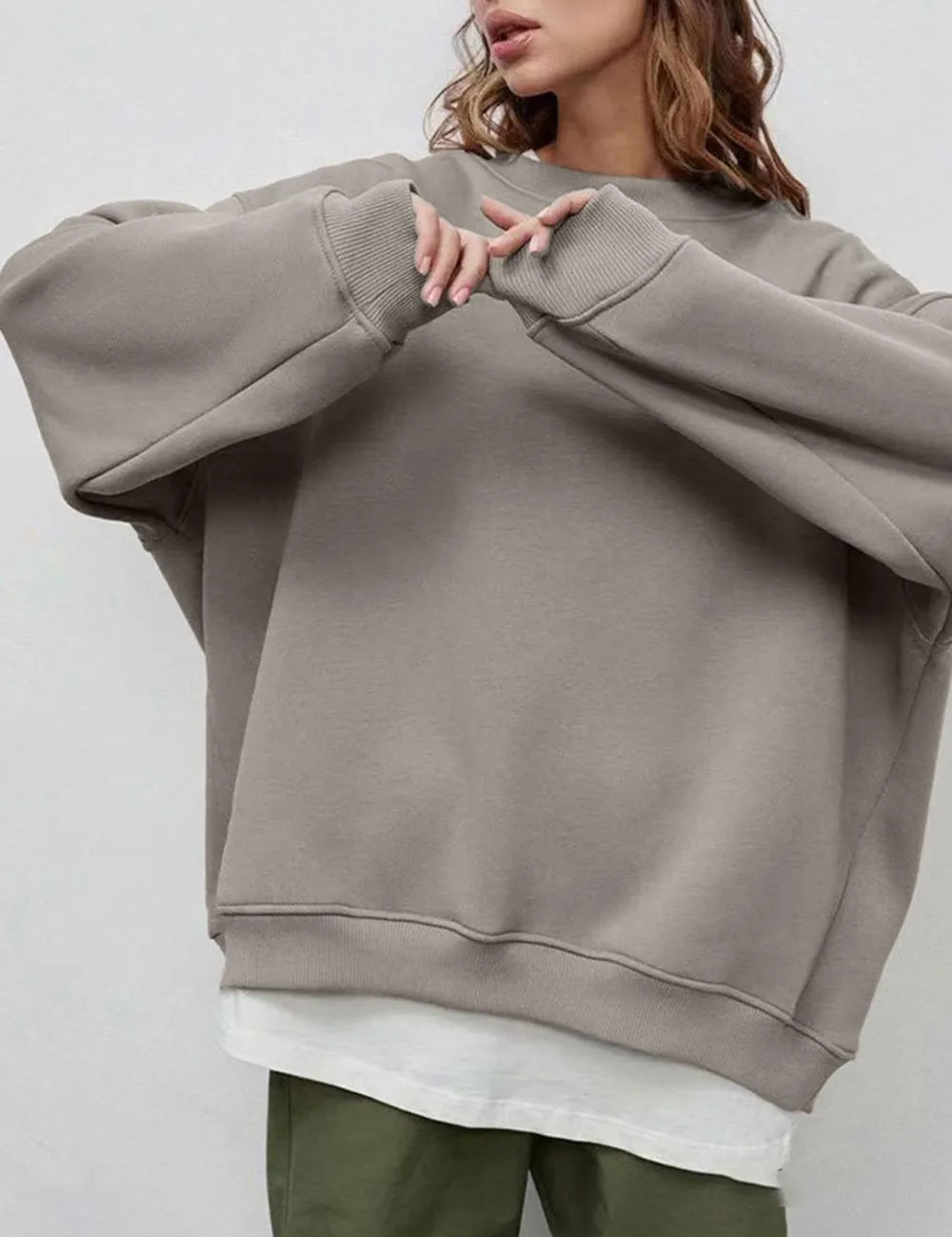 Mocha Round Neck Dropped Shoulder Long Sleeve Sweatshirt | Sweatshirts Daverri Fashions