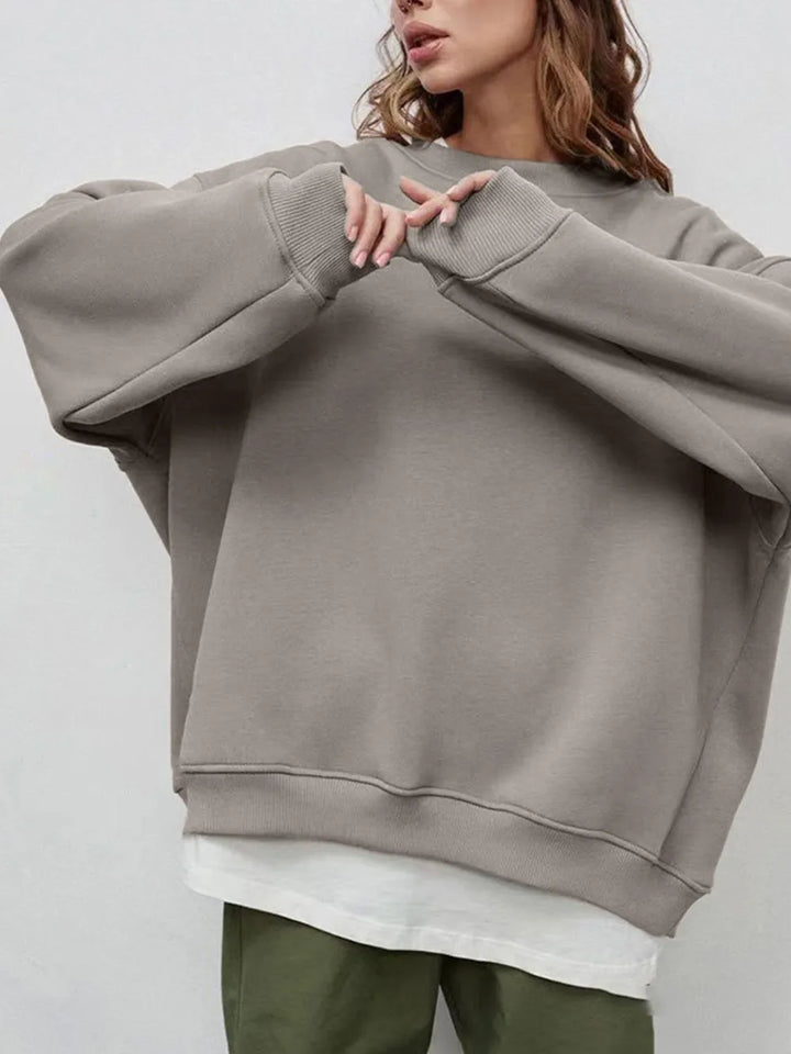 Mocha Round Neck Dropped Shoulder Long Sleeve Sweatshirt | Sweatshirts Daverri Fashions