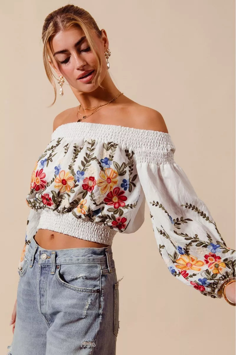 SO ME floral embroidered off-shoulder crop top