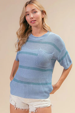 BiBi light blue striped patch pocket knitted sweater top