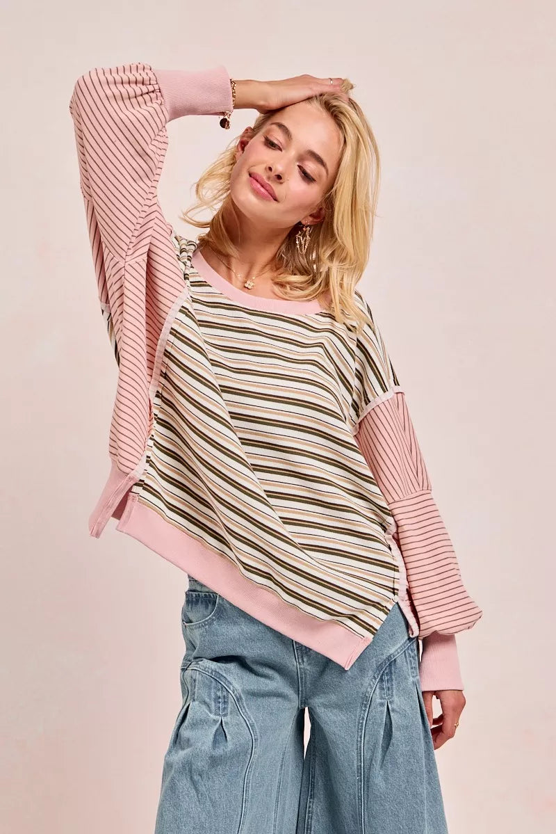 BiBi Stripe Mixed Top With Cut Edge And Reverse Outseam | Sweatshirts Daverri Fashions