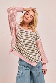 BiBi Stripe Mixed Top With Cut Edge And Reverse Outseam | Sweatshirts Daverri Fashions