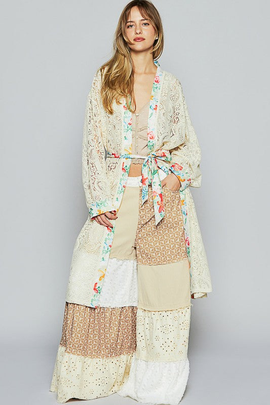 POL Floral Trim Lace Open Front Longline Cardigan Cardigans