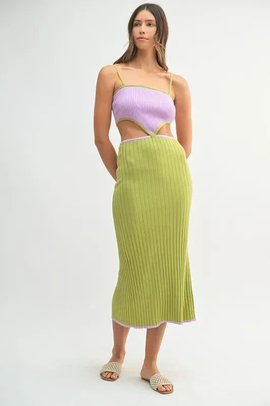 MABLE Lime Ribbed Knit Color Block Cutout Midi Dress - DAVERRI FASHIONS