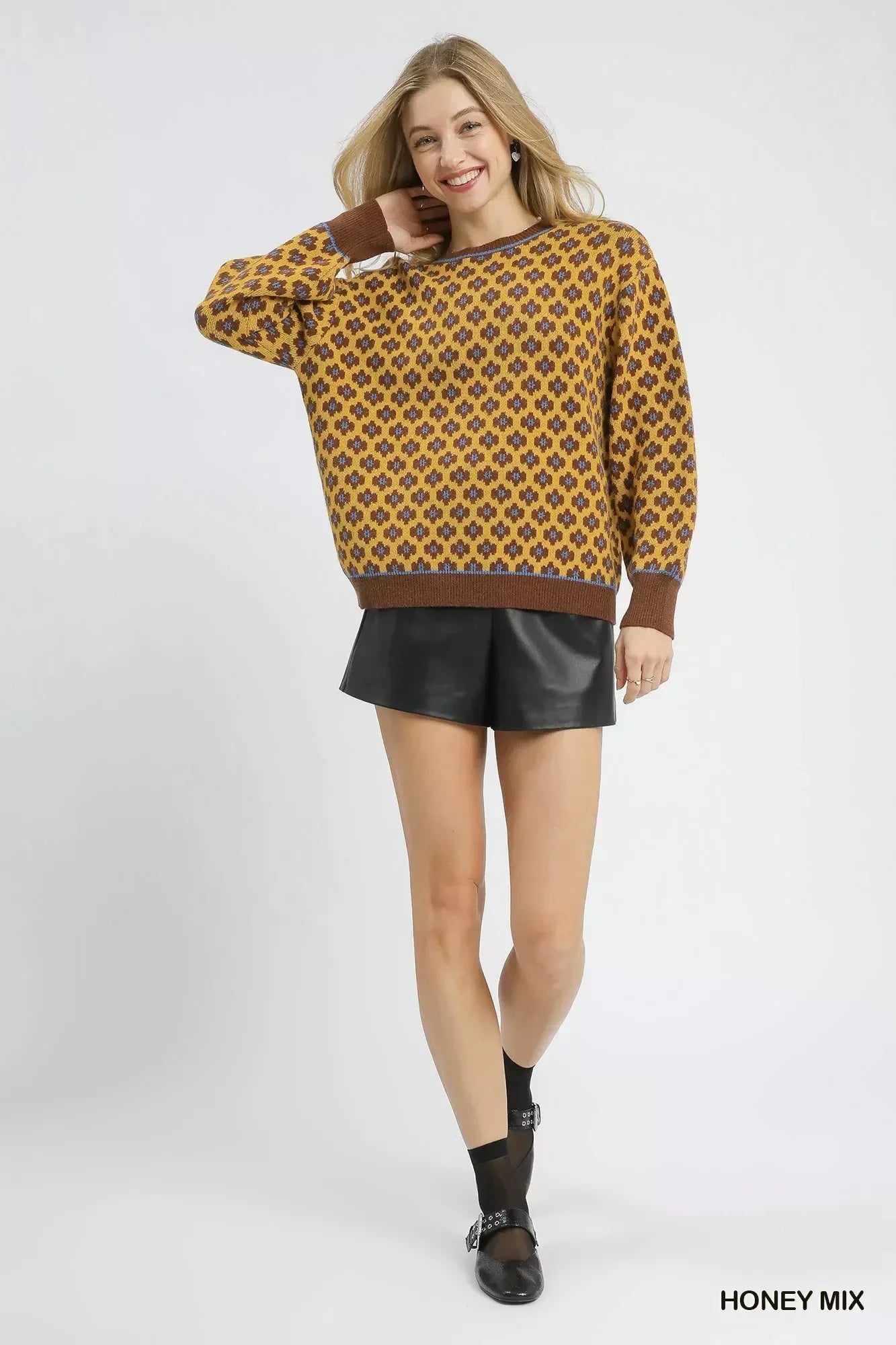 Umgee Abstract Print Crew Neck Sweater - DAVERRI FASHIONS