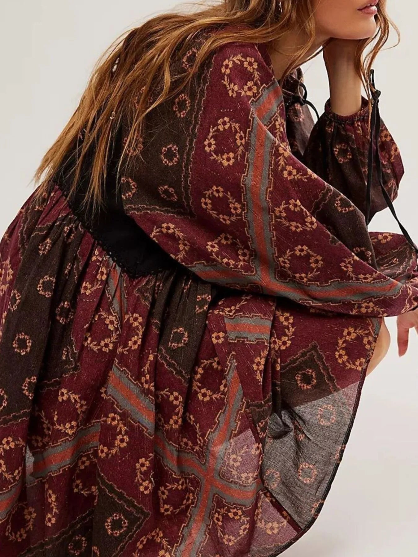 Printed Tie Neck Long Sleeve Boho Mini Dress in burgundy floral pattern