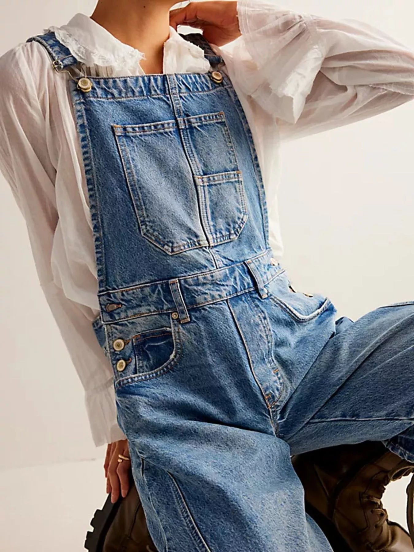 Wide strap wide leg denim overalls with classic design, sturdy stitching, buttons