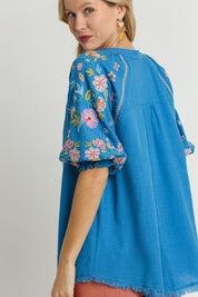 Umgee Full Size Half Button Top with Embroidery Sleeves | Tops Daverri Fashions