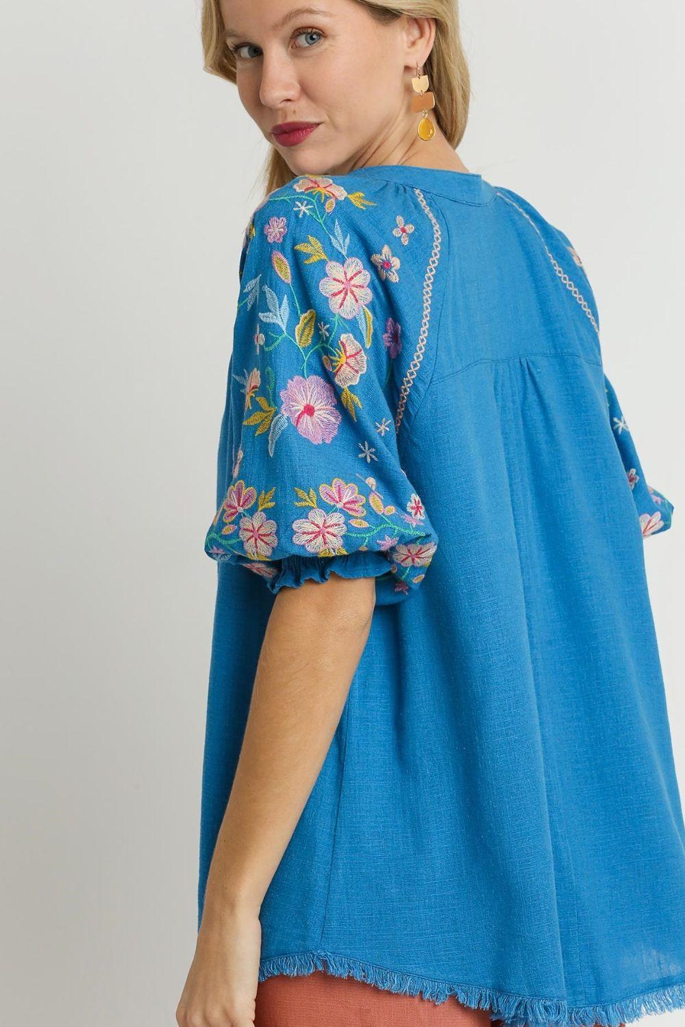 Umgee Full Size Half Button Top with Embroidery Sleeves Tops