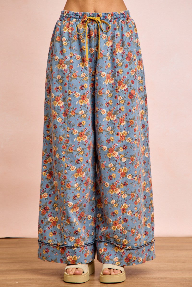 BiBi Floral Printed Drawstring Wide Pants in light blue cotton blend